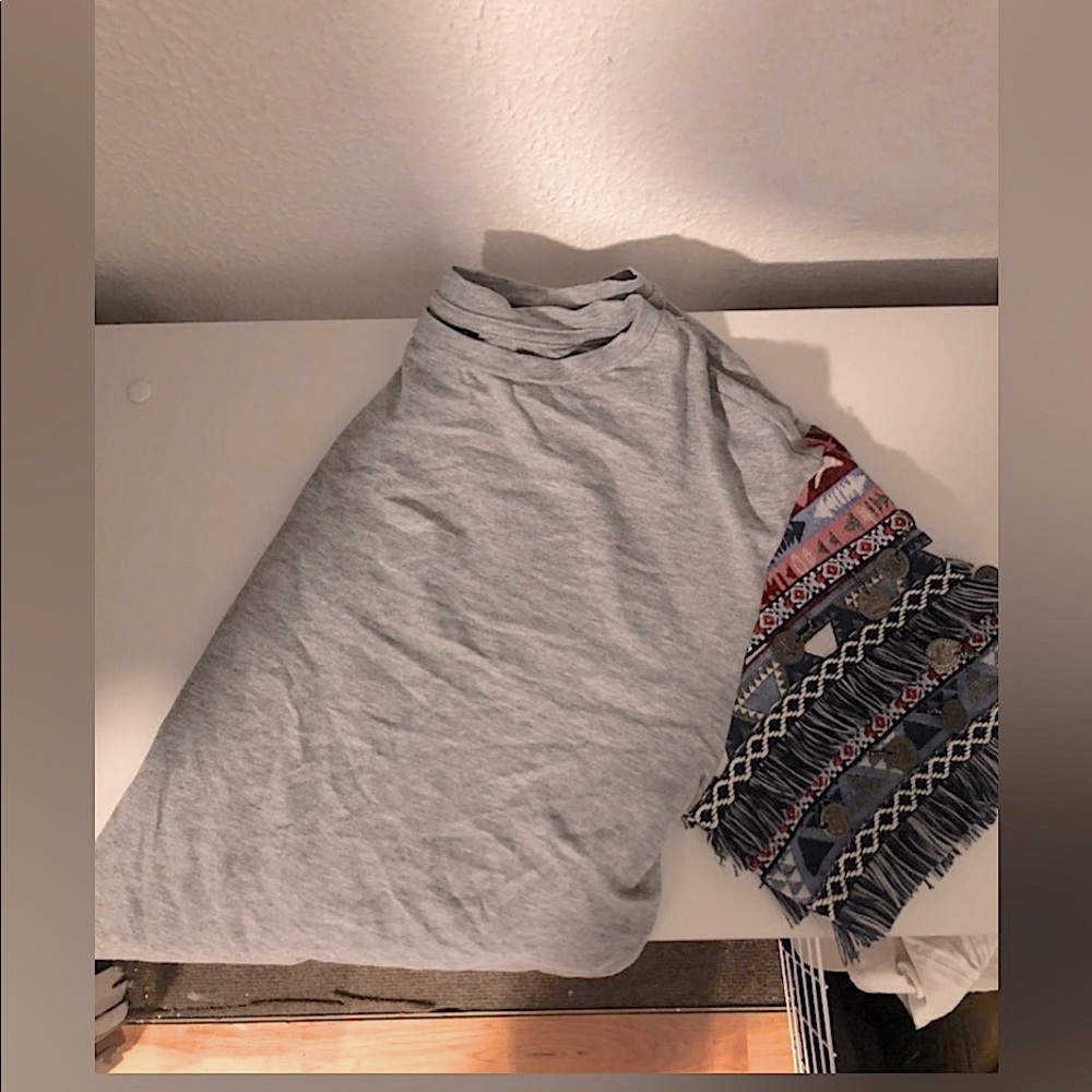 SHEIN  Aztec Fringe Trim Heathered Gray Tshirt